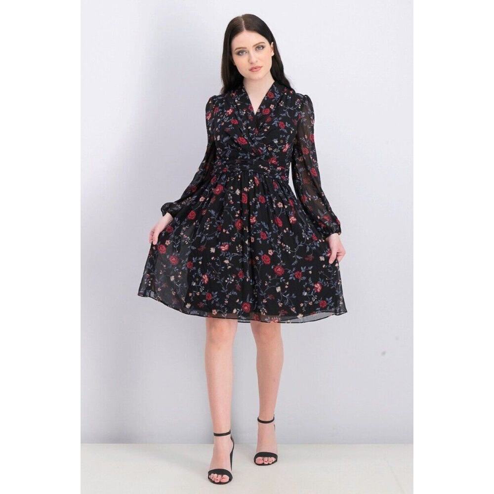 Gal Meets Glam Black Cherry Floral Londyn Pleated Dress 0 NEW